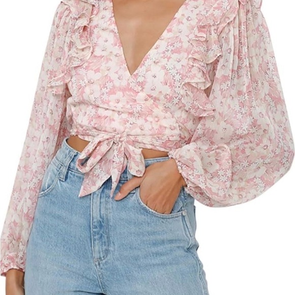 Here Comes The Sun Tops - Pink Floral Ruffle Wrap Blouse
